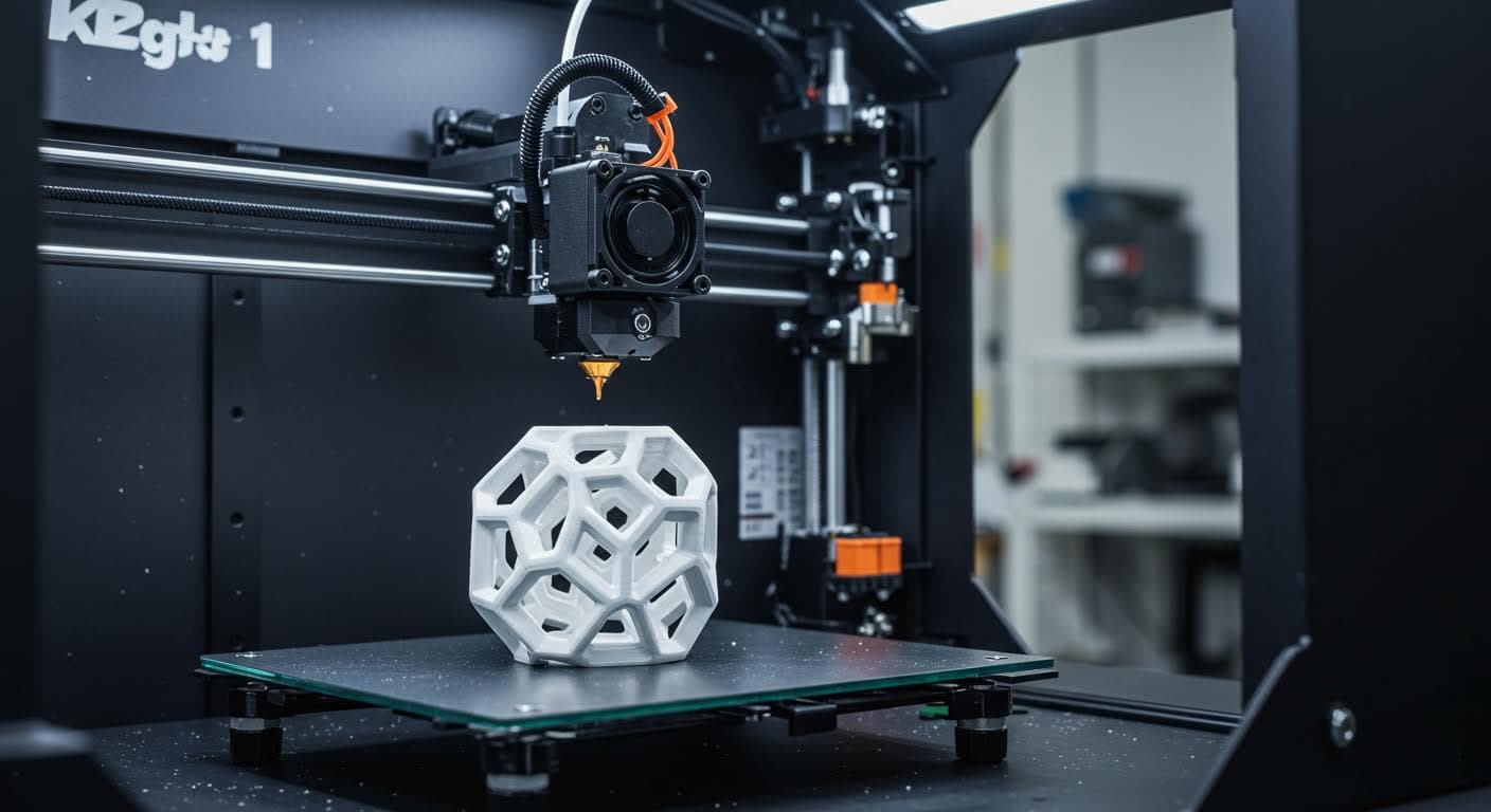 Hochauflösendes Foto eines 3D-Druckers, der ein komplexes PLA-Objekt herstellt, Fokus auf den Druckkopf und das entstehende Modell in einer modernen Werkstattumgebung, reine Technologieansicht ohne Text.