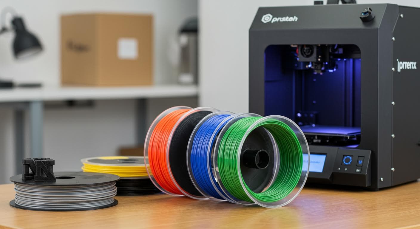 Professionelle Aufnahme von PETG-Filament-Spulen in verschiedenen Farben, arrangiert auf einem Tisch neben einem FDM-Drucker, betont Materialtextur und Glanz, magazinqualität.