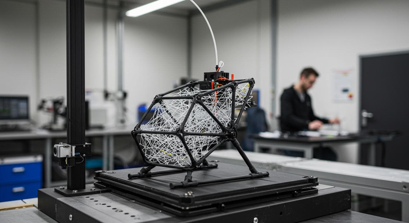 Nahaufnahme eines CF-Nylon-verstärkten Rahmens für Drohnen, hebt die faserverstärkte Struktur hervor, in einem Labor-Setting, hochauflösend und visuell rein.