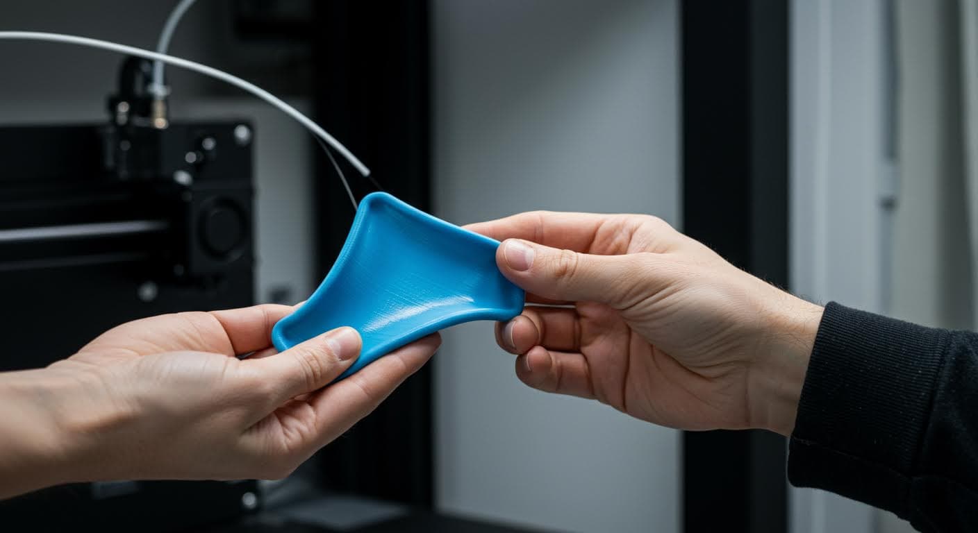 Visuelle Darstellung eines flexiblen TPU-Objekts wie einer Dichtung, gebogen in der Hand, Fokus auf Elastizität und Oberfläche, professionelle Fotografie ohne jegliche Schrift.
