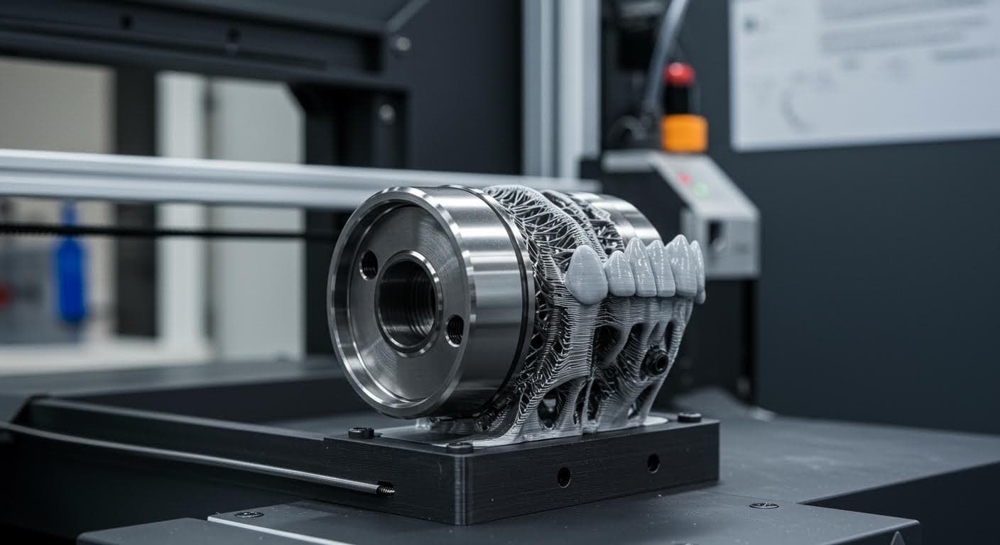 Hochauflösendes Foto eines 3D-gedruckten Zahnrads aus Metall in Nahaufnahme, fokussiert auf die Verzahnung, professionelle Industriefotografie ohne jegliche Text oder Logos