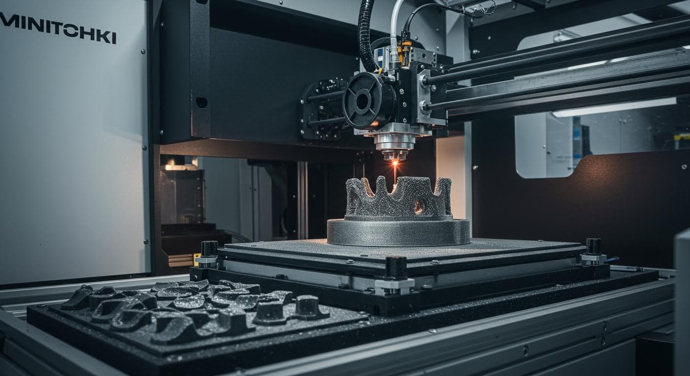 Bild eines laufenden Selective Laser Melting-Prozesses mit schmelzendem Metallpulver, reine visuelle Darstellung von Technologie, hochauflösend und magazintauglich