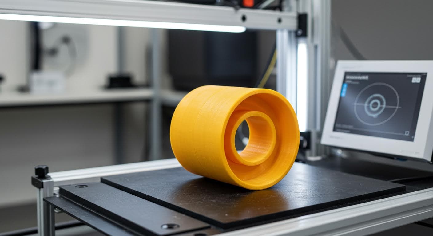 Nahaufnahme einer additiv gefertigten hohlen Rolle aus Polymer, Betonung auf Struktur und Oberfläche, ohne Schriften oder Beschriftungen