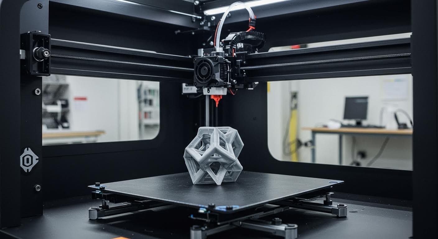 Hochauflösendes Foto eines 3D-Druckers im Betrieb, der ein komplexes Objekt aus PLA druckt, in einer modernen Werkstattumgebung, ohne jegliche Text oder Labels