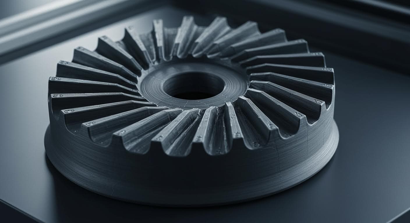 Professionelles Foto einer 3D-gedruckten Riemenscheibe mit Rillen, Fokus auf Design und Material, reine Produktabbildung