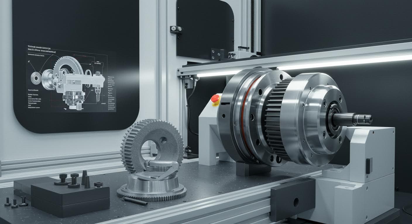 Visuelle Darstellung eines mechanischen Getriebes mit integrierten additiven Komponenten, Industriefotografie ohne Text