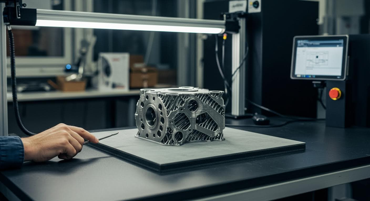 Nahaufnahme eines fertigen 3D-gedruckten Bauteils aus Metall, auf einer Präsentationsfläche, professionelle Beleuchtung, reine visuelle Darstellung