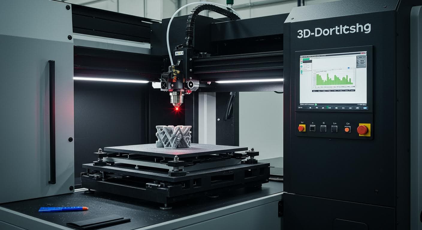 Industriefotografie eines SLS-3D-Druckers beim Sinterprozess, mit sichtbarem Laser und Pulver, hochauflösend und magazin-tauglich