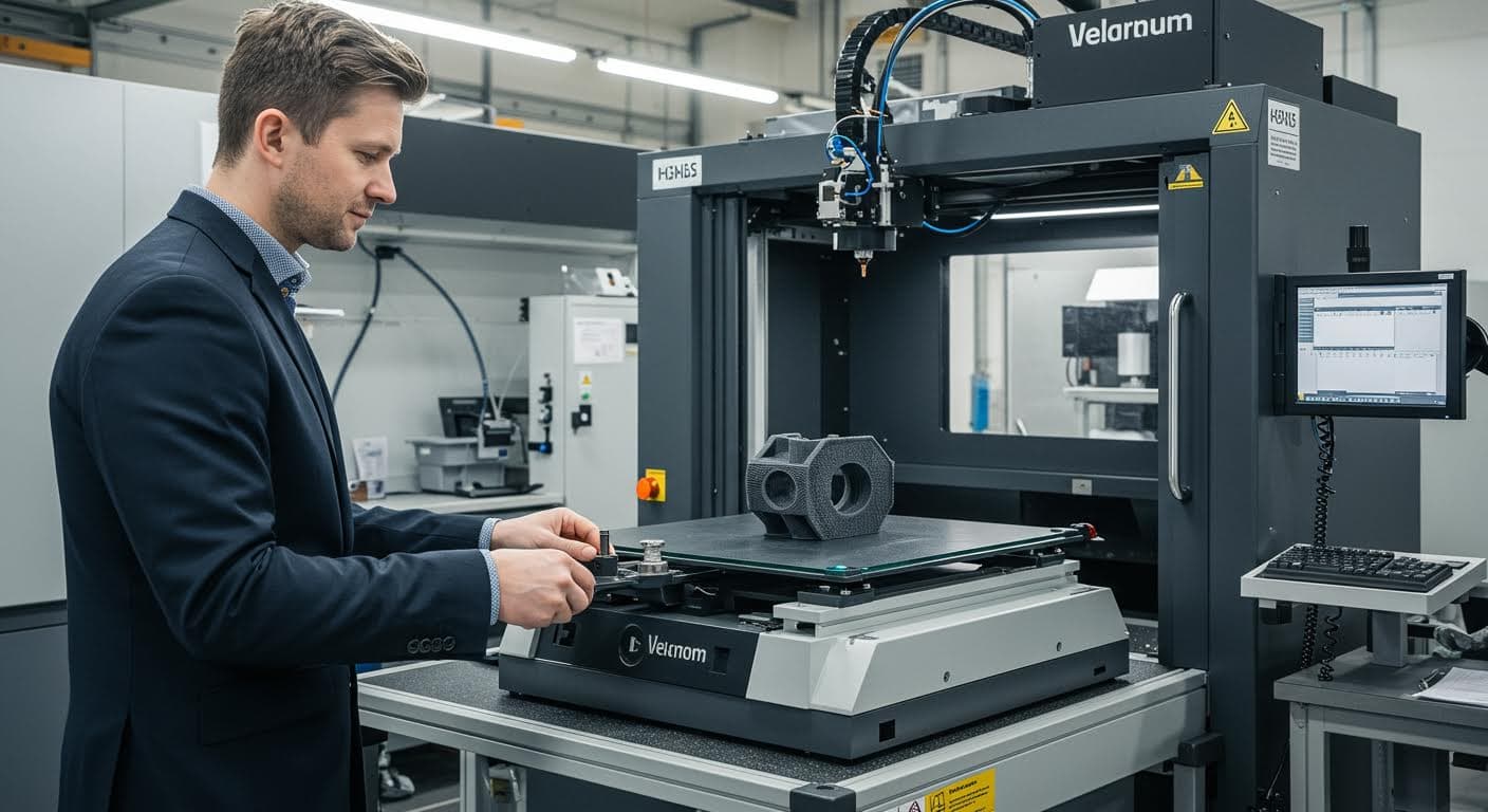 Hochwertiges Bild einer industriellen 3D-Druckanlage in Betrieb, Fokus auf Equipment und Ergebnisse, ohne Logos oder Labels