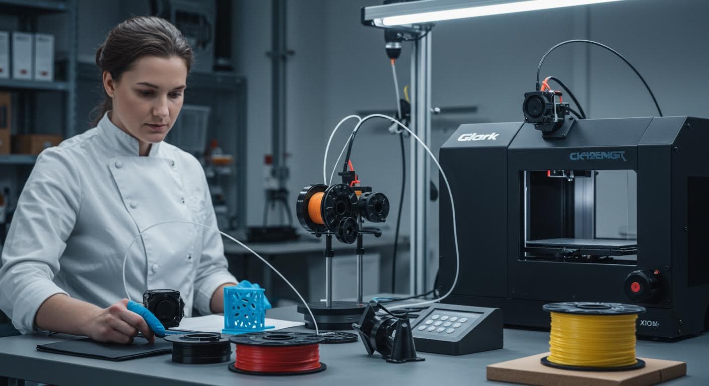 Visuelle Abbildung verschiedener Filamente und Harze für 3D-Druck, angeordnet in einer Laborumgebung, ohne Schriften oder Logos