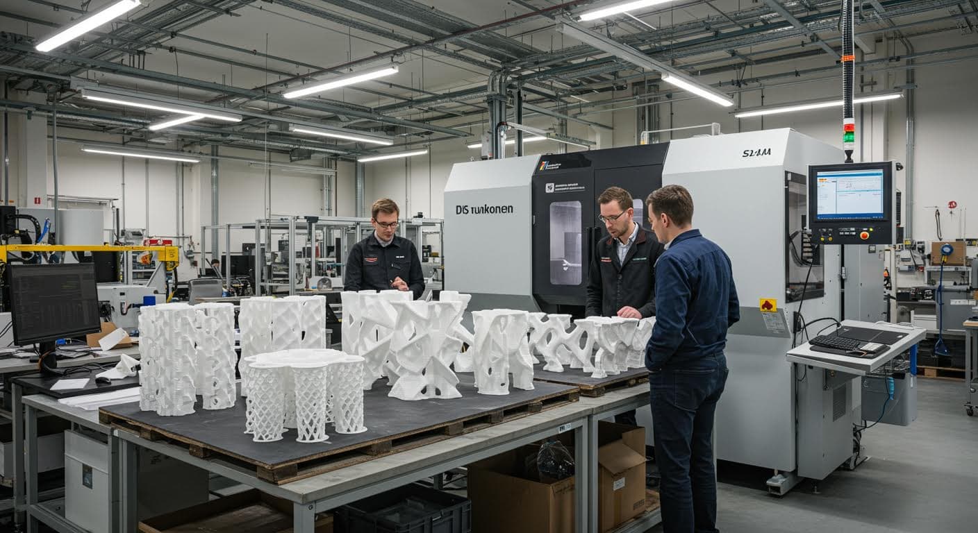Professionelles Bild eines Teams bei der Inspektion eines großen 3D-gedruckten Prototypen in einer Fabrik in Süddeutschland, Fokus auf Technologie