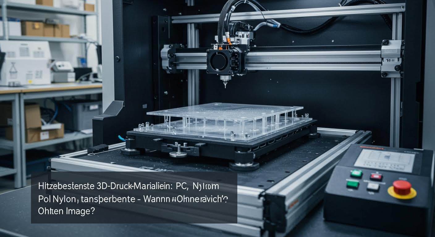 Hochauflösendes Foto eines 3D-Druckers beim Drucken von transparenten Polycarbonat-Teilen in industrieller Umgebung, ohne Text