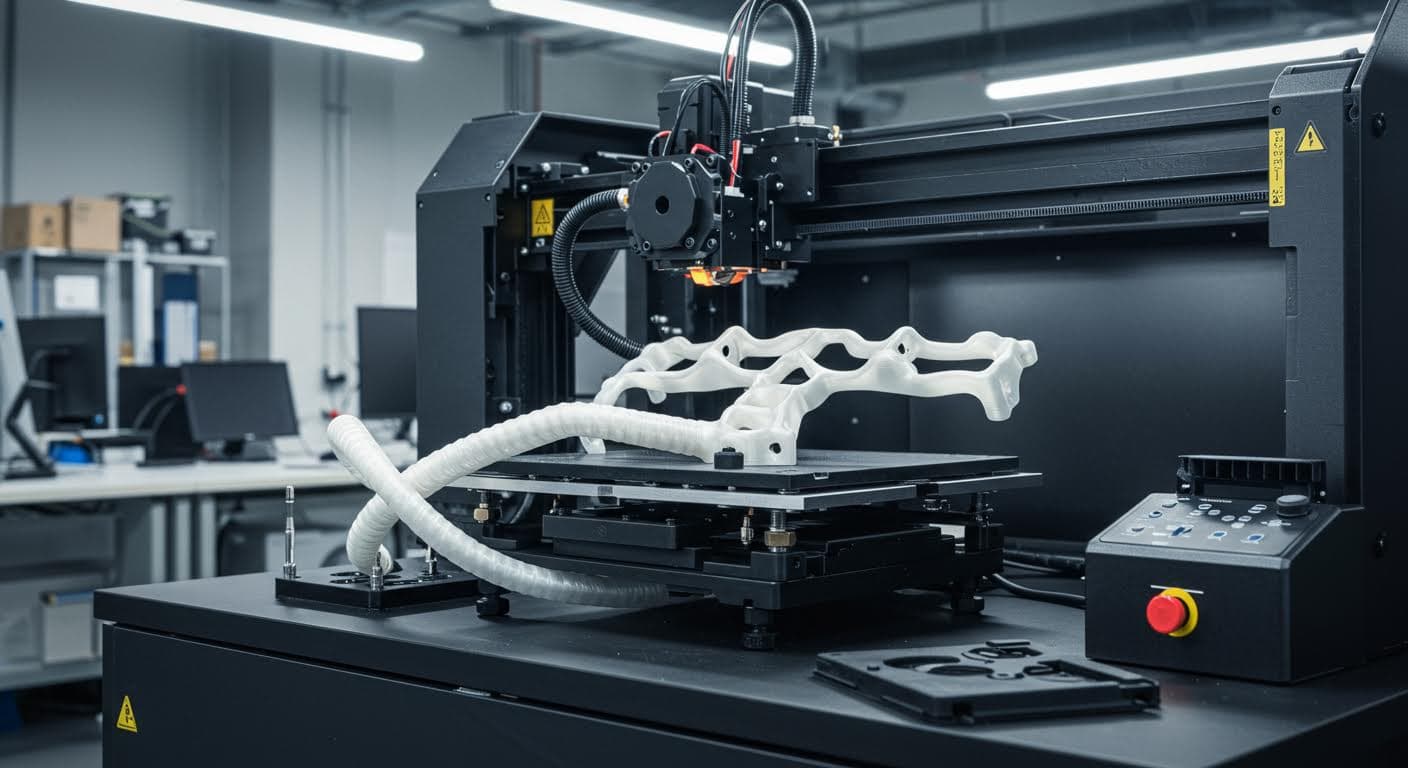 Nahaufnahme von flexiblen Nylon-Komponenten, die aus einem SLS-Drucker entnommen werden, reine visuelle Darstellung