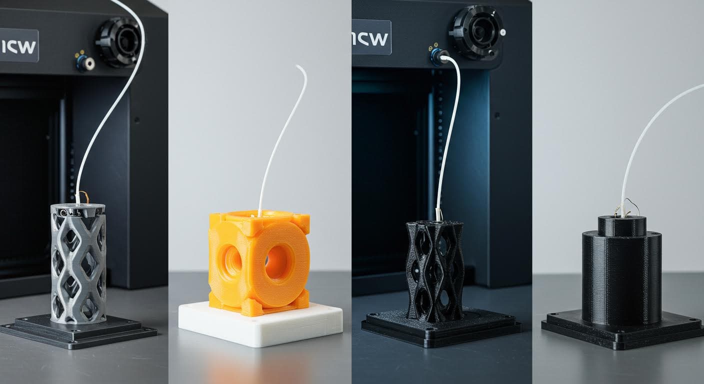 Vergleichende Aufnahme verschiedener hitzebeständiger 3D-gedruckter Materialproben, hochauflösend und textfrei