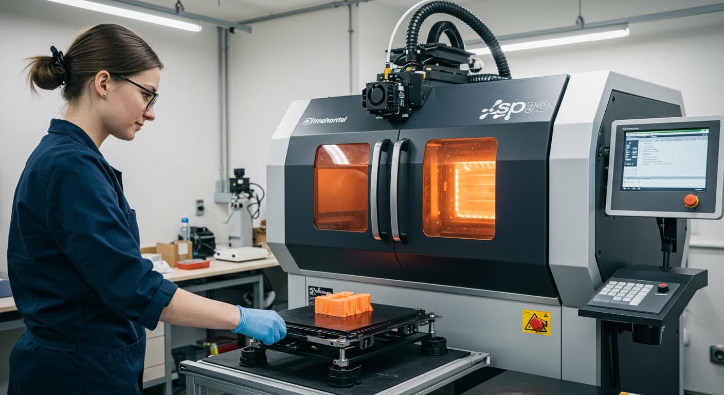 Industriefoto eines FDM-Druckers mit beheizter Kammer beim Verarbeiten von Hochleistungsthermoplasten, ohne Logos