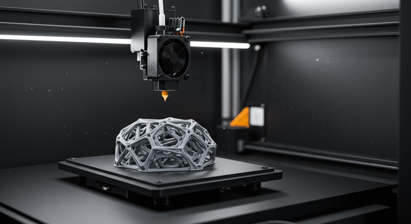 Hochauflösendes Foto eines 3D-Druckers beim Drucken eines komplexen Meshes, Fokus auf die Düse und das entstehende Objekt, industrielle Umgebung ohne jegliche Beschriftungen.