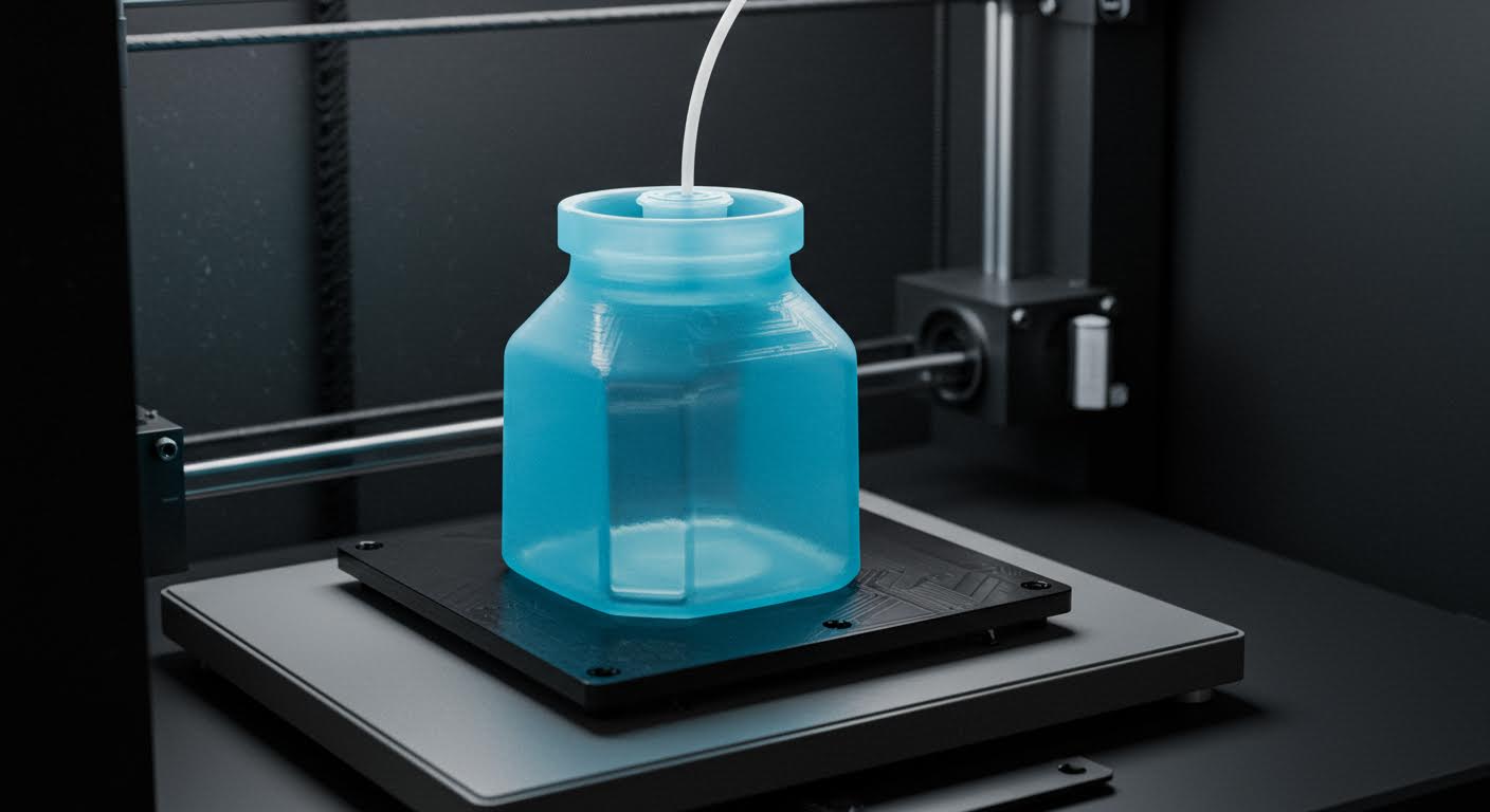 Nahaufnahme eines fertigen 3D-gedruckten Objekts, das wasserdicht wirkt, wie ein Behälter, in hoher Qualität ohne Beschriftungen.