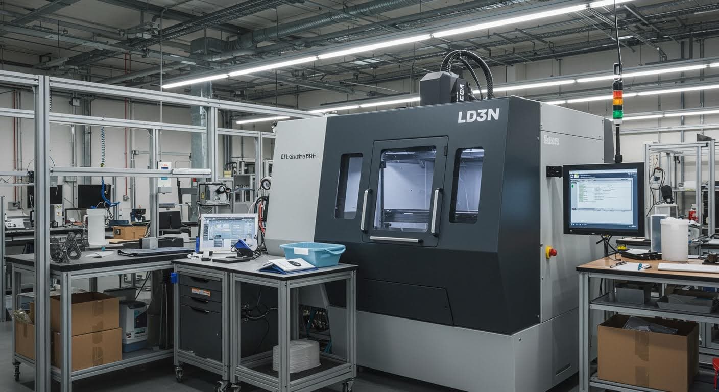Industriefoto einer Fertigungsanlage in einer Fabrik, mit 3D-Druck-Equipment im Vordergrund, Fokus auf Technologie, rein visuell.
