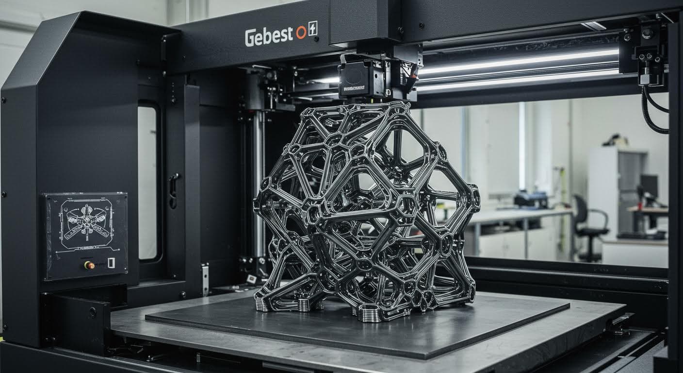 Hochauflösendes Foto eines 3D-Druckers beim Erstellen einer komplexen Gitterstruktur aus Metall, fokussiert auf die Schicht-für-Schicht-Aufbau ohne jegliche Beschriftungen