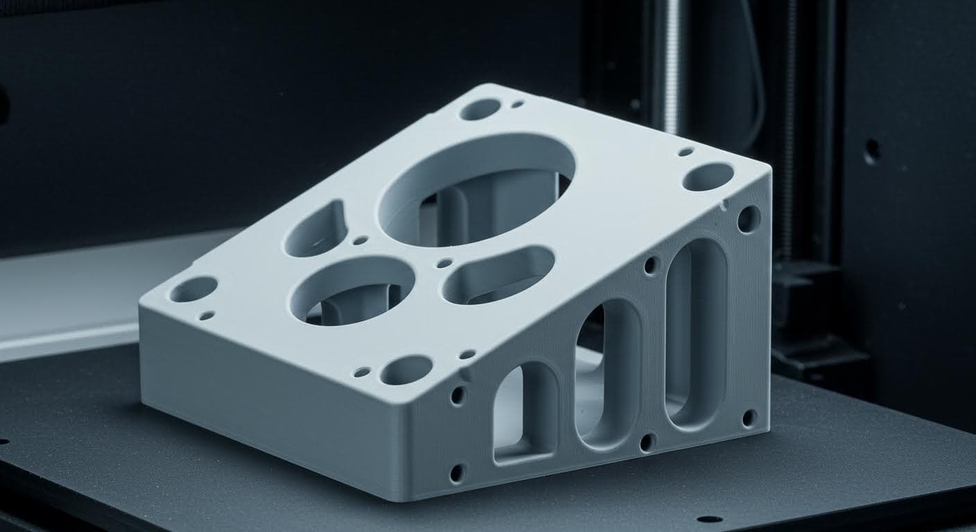 Professionelle Industriefotografie eines leichten, optimierten Bauteils mit Hohlräumen, isoliert auf neutralem Hintergrund, reine visuelle Darstellung