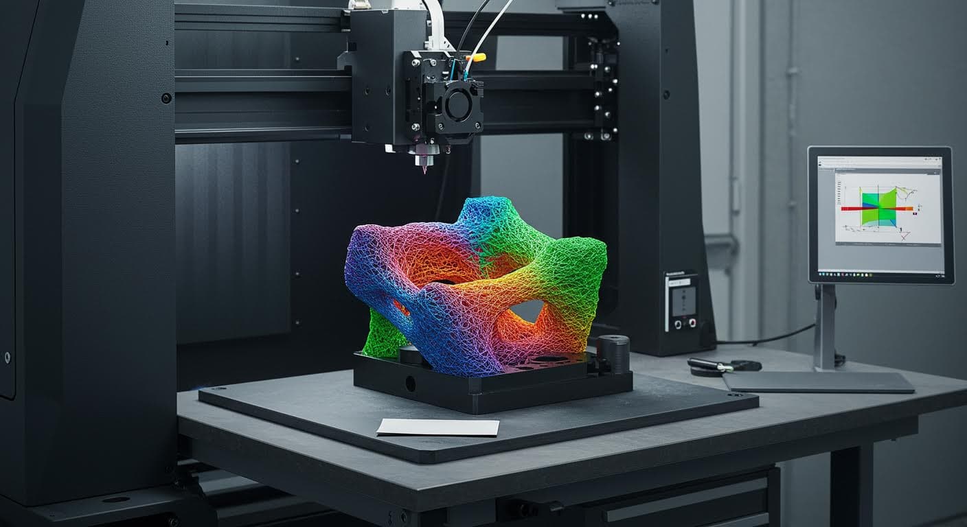 Magazin-taugliche Aufnahme eines FEM-Simulationsergebnisses als 3D-Modell, dargestellt durch farbige Belastungszonen ohne Text oder Labels