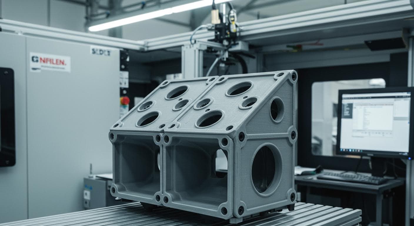 Industriefoto eines modularen Bauteils aus dem 3D-Druck, montiert in einer Fertigungsanlage, Fokus auf die Geometrie ohne Schriften