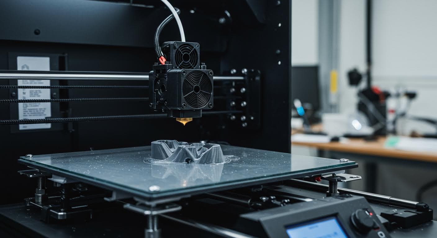 Ein moderner FDM-3D-Drucker beim Extrudieren von Filament auf einer Bauplattform, mit Fokus auf die Nozzle und schichtweise aufbauende Struktur, professionelle Industriefotografie, hochauflösend, ohne jeglichen Text.