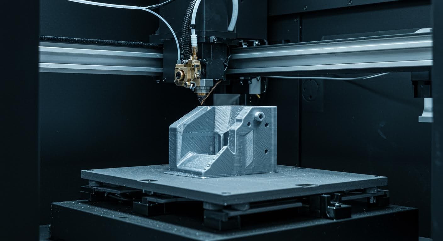 Hochauflösendes Foto eines FDM-3D-Druckers, der ein kohlenstofffaserverstärktes Filament extrudiert, mit Fokus auf die Düse und das entstehende Bauteil in industrieller Umgebung.