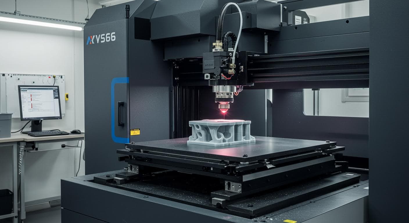 Professionelles Bild einer SLS-Maschine, die Nylon-Pulver sintert, mit sichtbarem Laserstrahl und Pulverbett, ohne jegliche Beschriftungen.