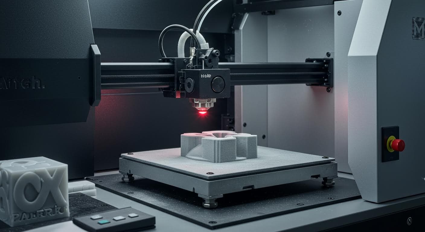 Ein SLS-Pulverbett mit Laser im Einsatz, sichtbare Sinterung von Polyamidpulver, reine visuelle Darstellung von Technologie, hochauflösend, industriell.