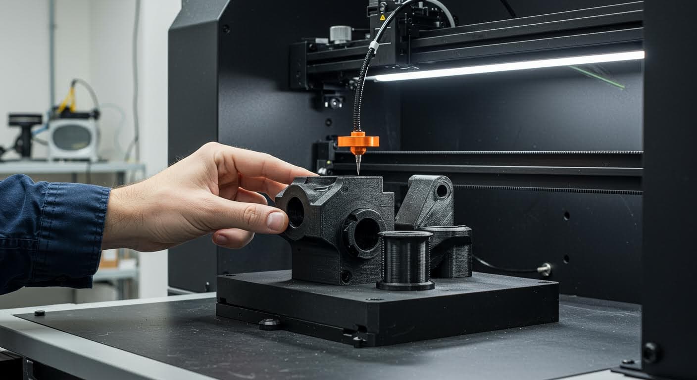 Nahaufnahme von mechanisch getesteten 3D-gedruckten Teilen aus CF-Filament und Nylon, unter Belastung in einer Prüfvorrichtung, reine visuelle Darstellung.
