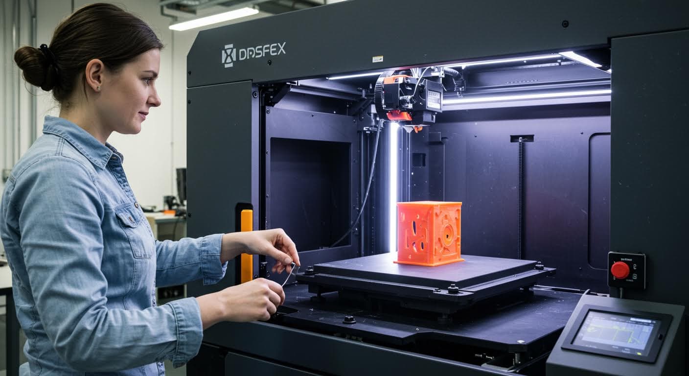 MJF-Druckkammer mit Infrarotlicht und Agentenverteilung, Fokus auf das entstehende Bauteil, professionell fotografiert, ohne Logos oder Text.