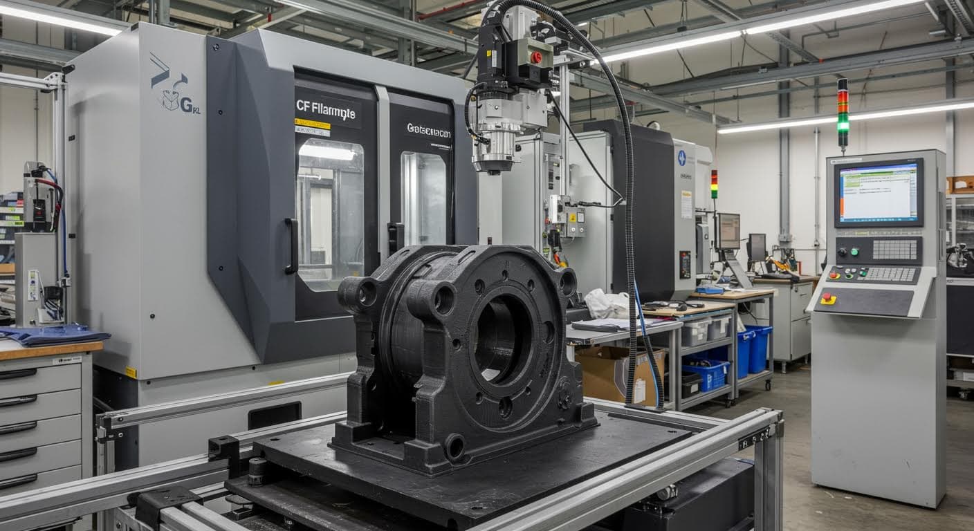Industriefotografie von fertigen 3D-gedruckten Komponenten in einer Fertigungshalle, betont auf Materialstruktur und Anwendung in Maschinenbau.