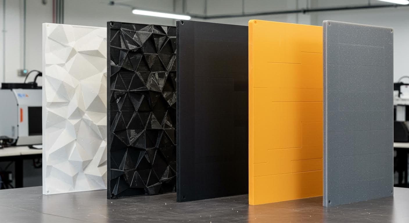 Vergleichende Aufnahme von gedruckten Wänden aus verschiedenen Verfahren (FDM, SLA, SLS, MJF), nebeneinander platziert, reine Produktabbildung, hochqualitativ.