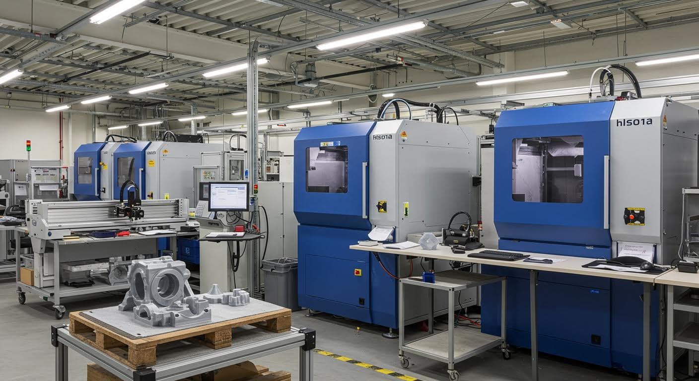 Panoramabild einer modernen 3D-Druck-Anlage in einer süddeutschen Fabrik, mit mehreren Druckern und Teilen, hochauflösend und textfrei.