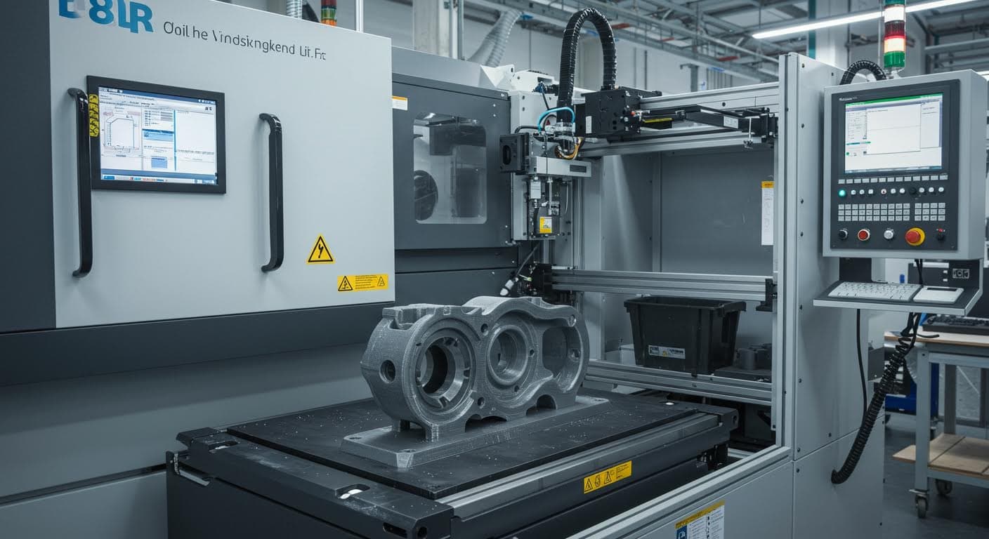 Industrielle Anwendung: Ein funktionales 3D-gedrucktes Teil in einer Fertigungsanlage, Fokus auf Stabilität und Design, ohne schriftliche Elemente.