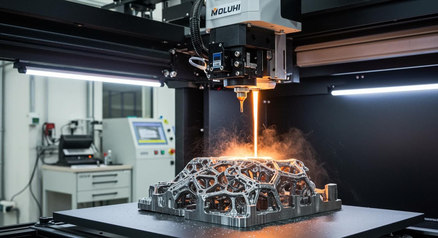 Hochauflösende Aufnahme einer modernen 3D-Druckmaschine, die ein komplexes Metallteil druckt, mit Fokus auf den Druckkopf und schmelzenden Materialströmen, in einem industriellen Laborumfeld