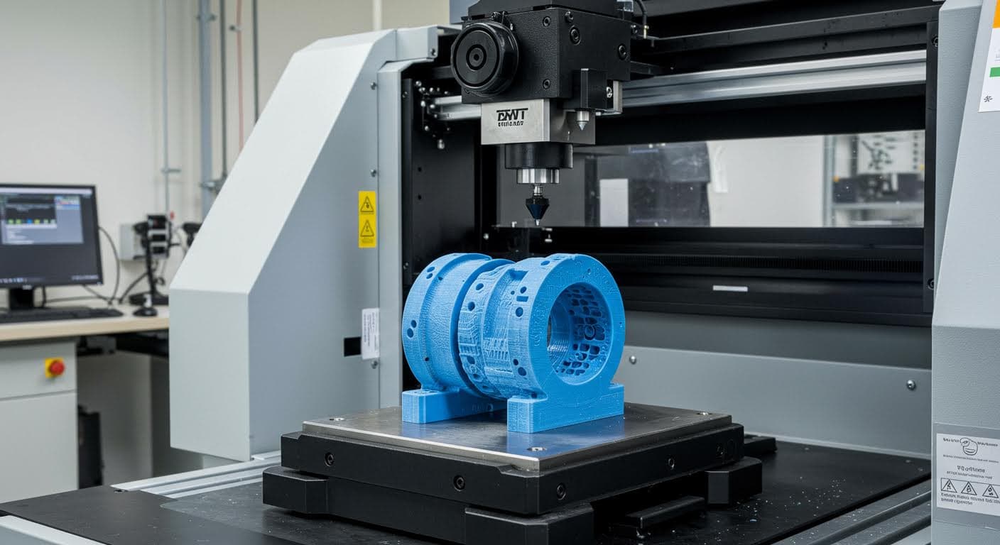 Nahaufnahme eines Zugtests: Eine zylindrische 3D-gedruckte Probe wird in einer Prüfmaschine gedehnt, sichtbare Deformation ohne jegliche Beschriftung