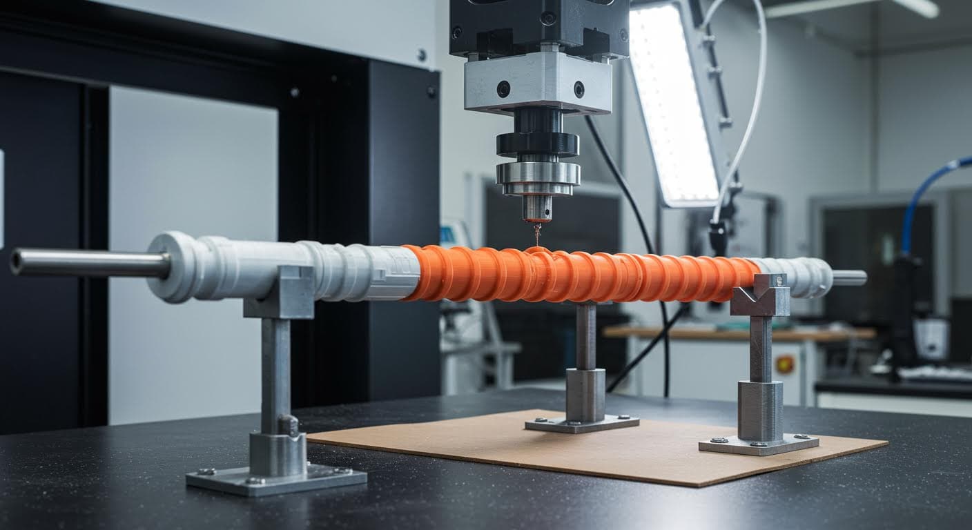 Biegetest-Setup: Ein langer, gedruckter Balken auf zwei Stützen, belastet in der Mitte durch eine Presse, professionelle Industriebeleuchtung