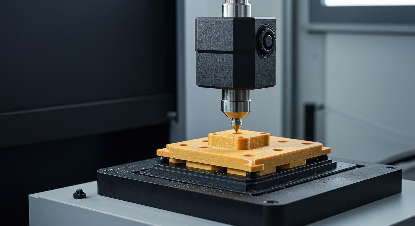 Schlagtest-Szene: Ein Pendelhammer schlägt auf eine gekerbte Probe ein, dynamische Bewegung eingefroren, reines technisches Equipment
