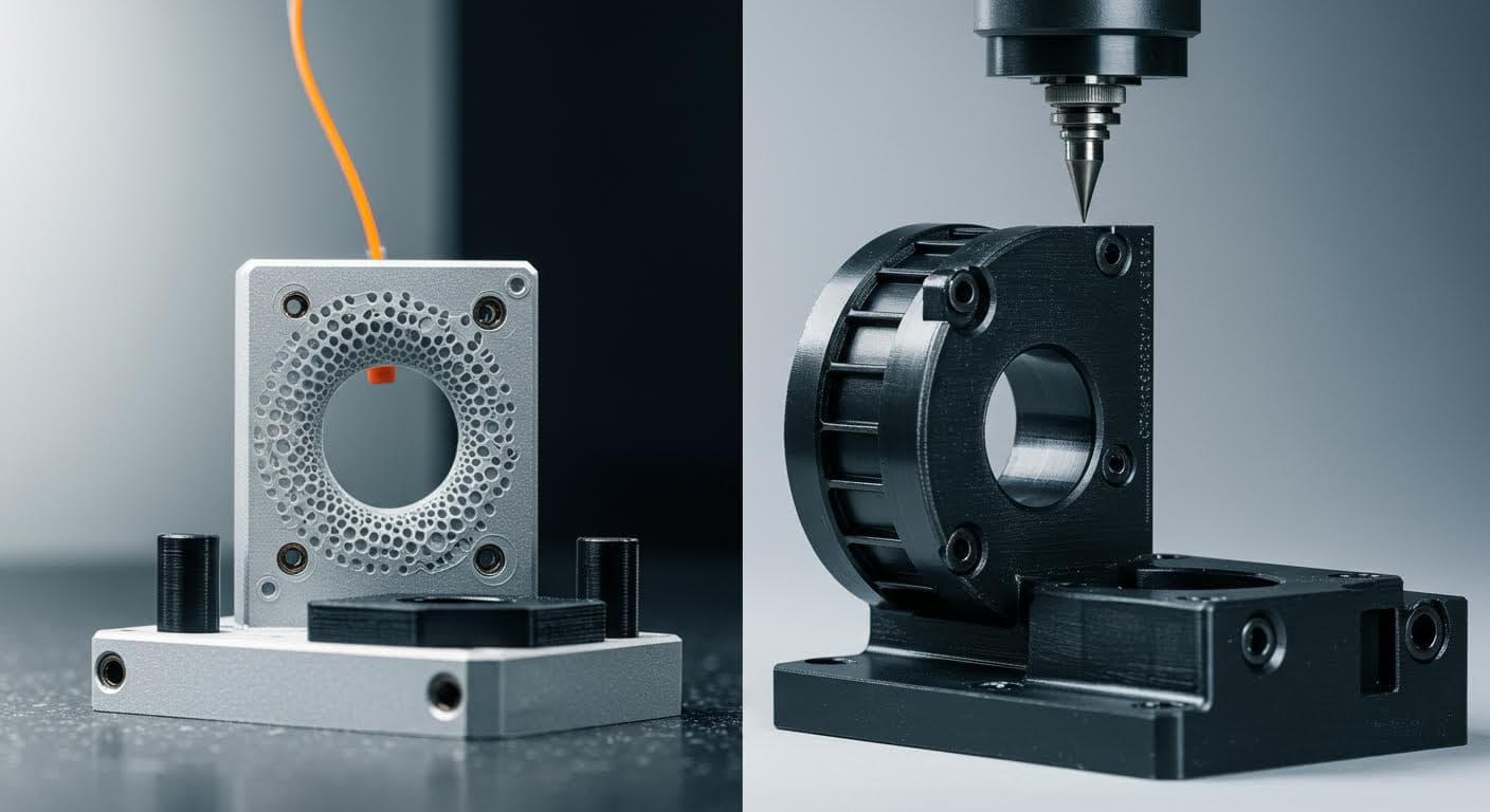 Vergleich von 3D-gedruckten Materialproben vor und nach Test: Gebrochene und intakte Teile nebeneinander, hohe Detailtreue ohne Text