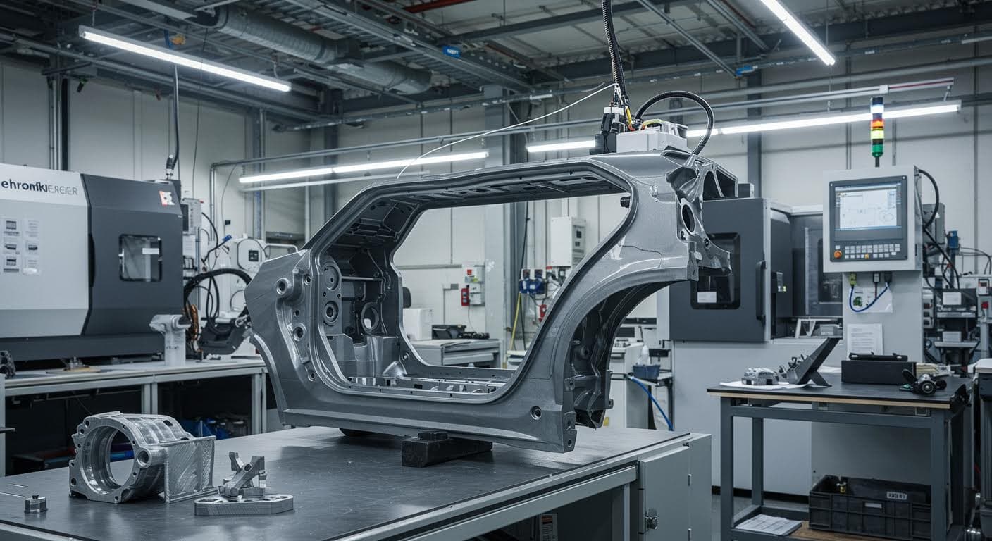 Lokale Anwendung: 3D-gedrucktes Automobilteil in einer Montagehalle, Fokus auf mechanische Integration, magazinqualität