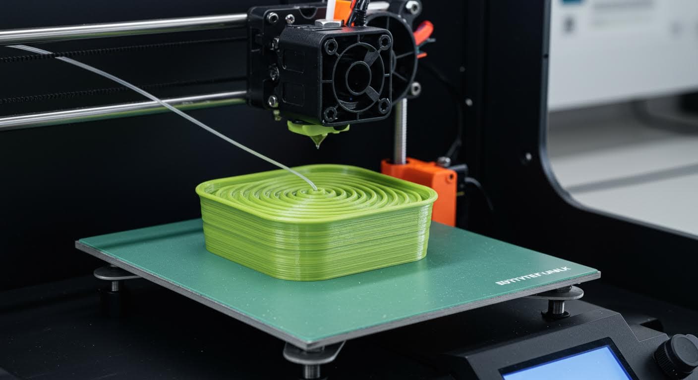 A high-resolution photograph of a 3D printer extruding PLA filament to create a food-safe container, focusing on the smooth layered structure without any text or labels.