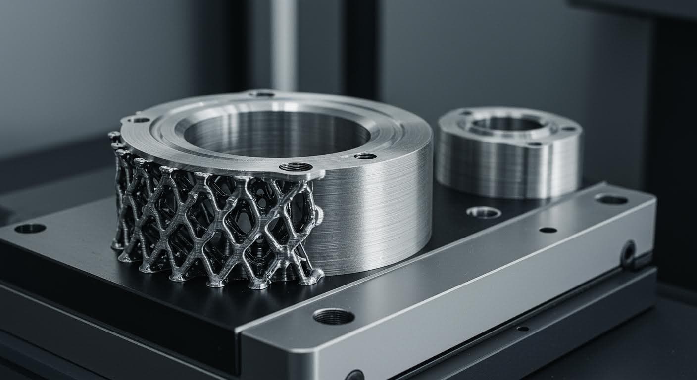 Close-up image of a metallic 3D-printed part with hygienic coating, showing reflective surfaces and industrial setting, no inscriptions.