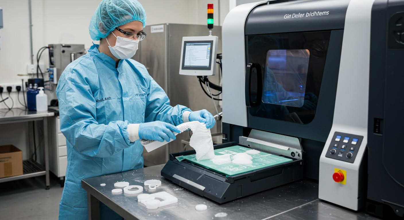 Professional shot of cleaning process for 3D-printed food contact tools, emphasizing sterile environment and equipment, purely visual.