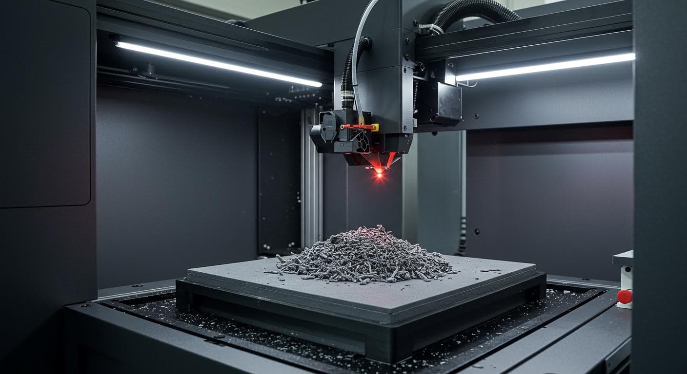 Image of recycled material being used in SLS 3D printing for sustainable packaging, highlighting the powder bed and laser action, no text.