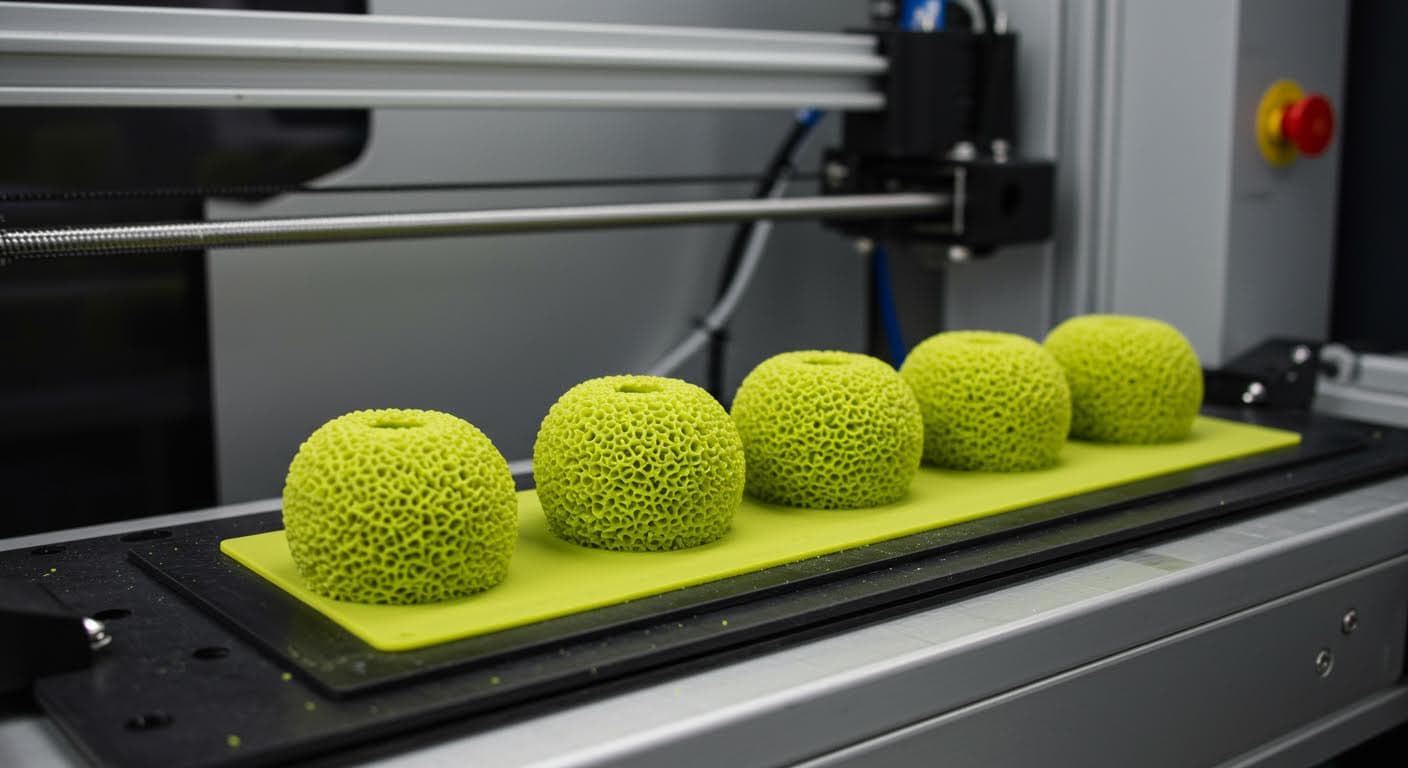 Photograph of a completed 3D-printed edible product in a production line, focusing on texture and form, magazine-quality without labels.