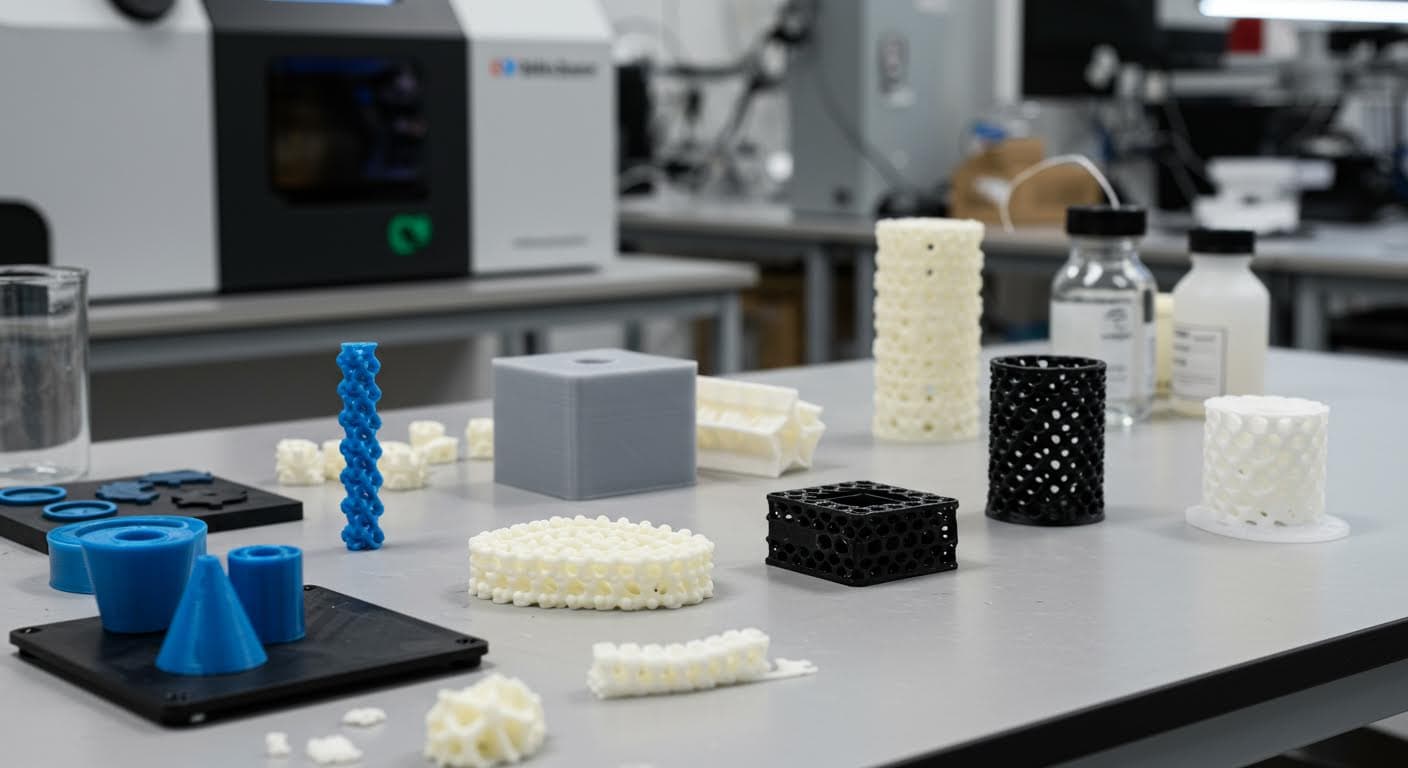 Overview of various 3D-printed prototypes for food industry applications, arranged on a table in a lab, high detail and no written elements.