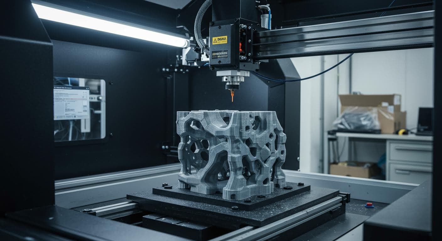Hochauflösende Fotografie eines 3D-Druckers in Aktion, der ein komplexes Bauteil schichtweise aufbaut, mit Fokus auf den Druckkopf und dem entstehenden Objekt in industrieller Umgebung.