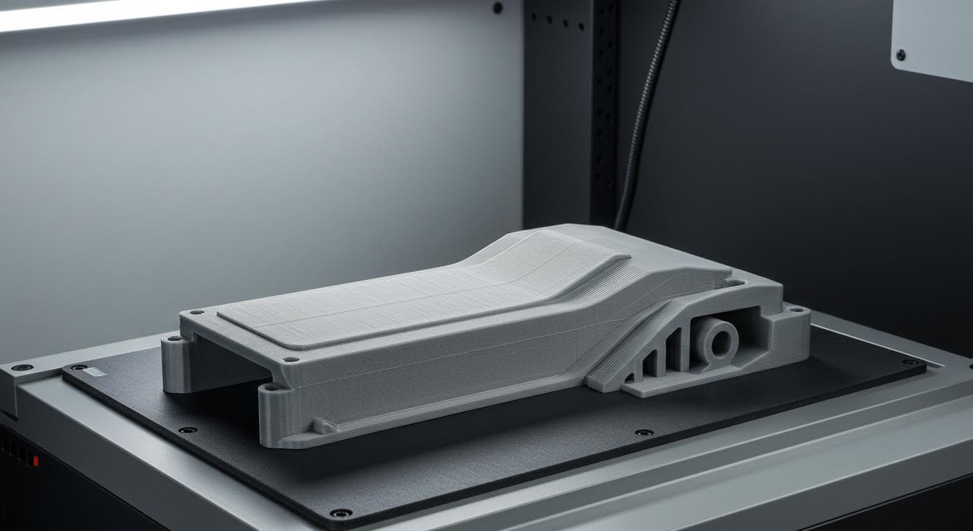 Detailansicht eines glatten, horizontal orientierten 3D-gedruckten Teils aus Kunststoff, betont die feine Oberflächenstruktur ohne sichtbare Schichten.